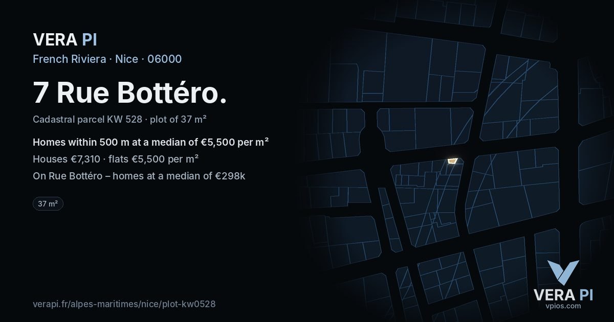 7 Rue Bottéro, Nice at night – the plot lit, the parcels around coloured by the prices near them
