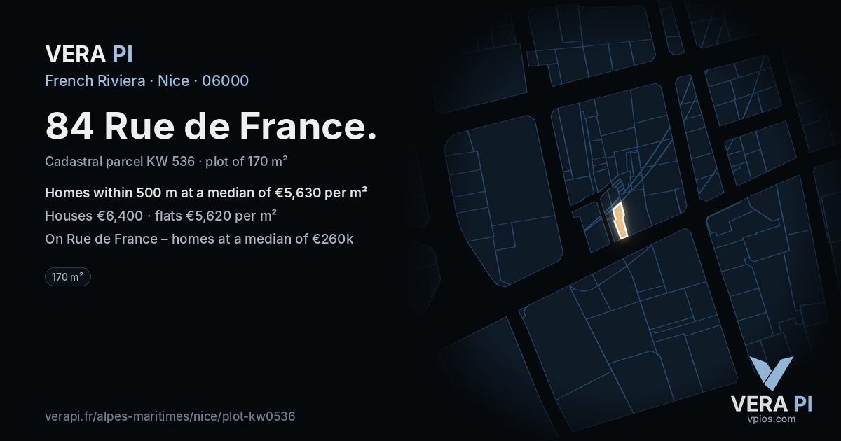 84 Rue de France, Nice at night – the plot lit, the parcels around coloured by the prices near them