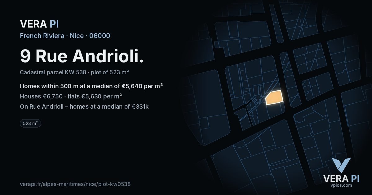 9 Rue Andrioli, Nice at night – the plot lit, the parcels around coloured by the prices near them