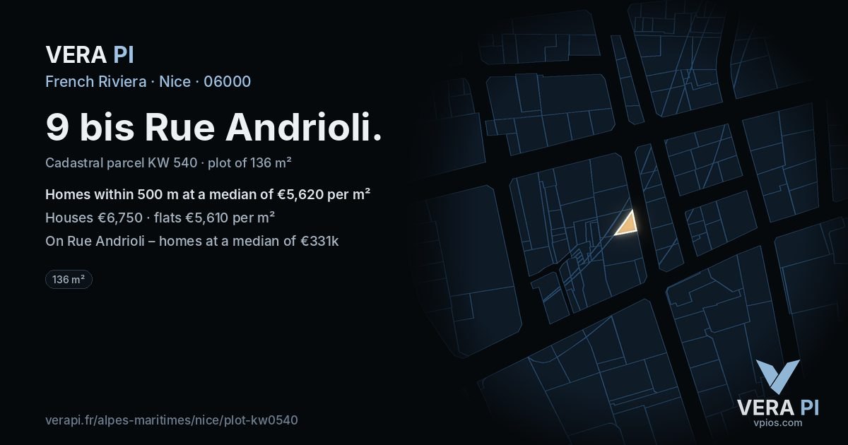 9 bis Rue Andrioli, Nice at night – the plot lit, the parcels around coloured by the prices near them