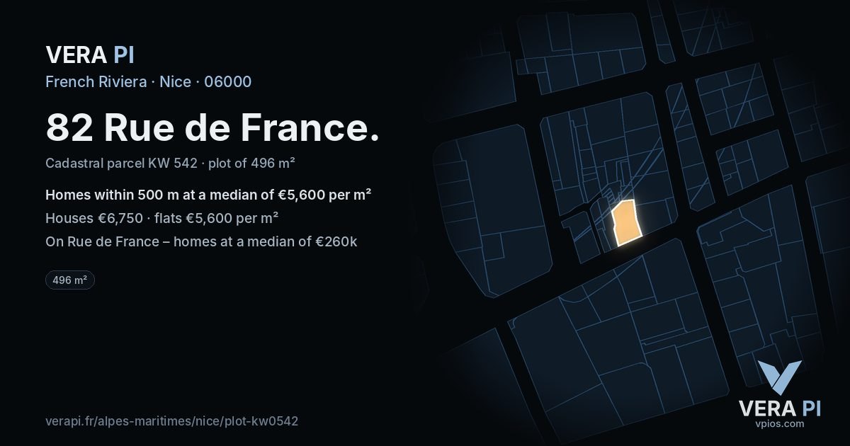 82 Rue de France, Nice at night – the plot lit, the parcels around coloured by the prices near them