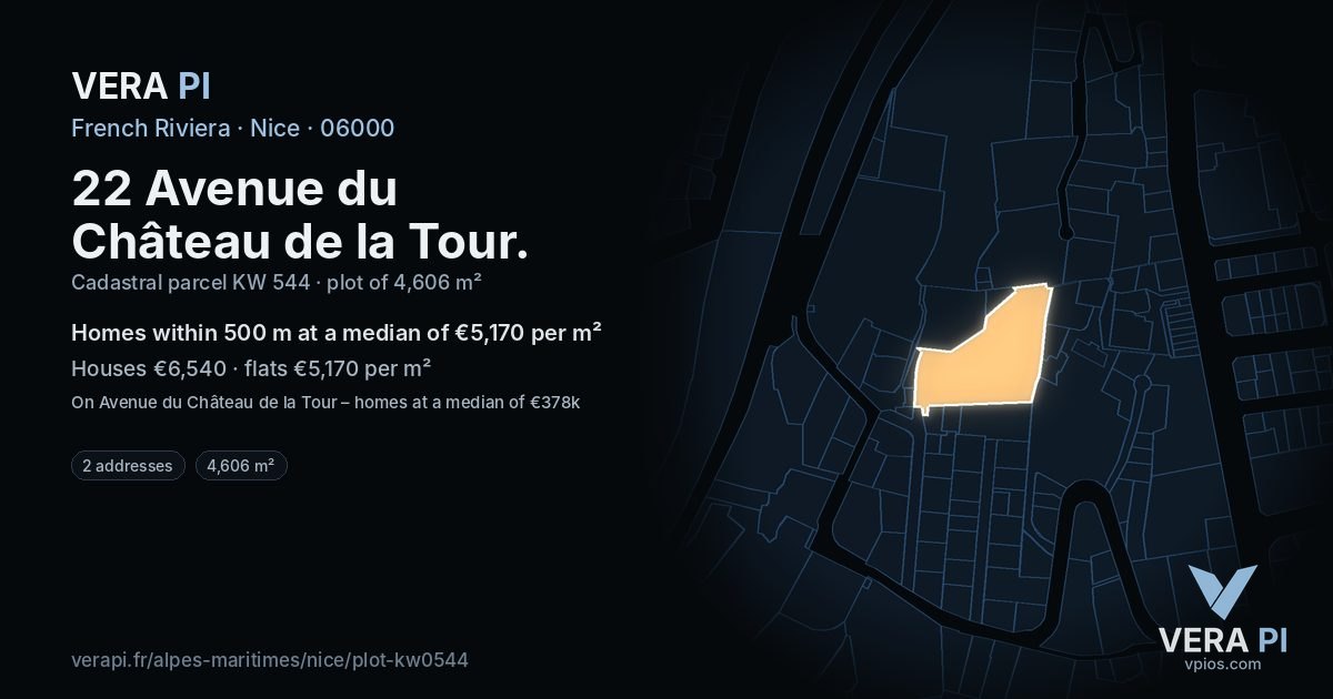 22 Avenue du Château de la Tour, Nice at night – the plot lit, the parcels around coloured by the prices near them