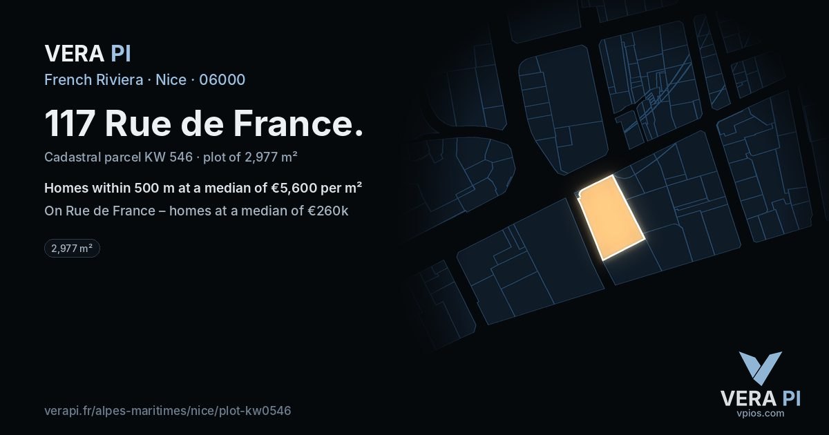 117 Rue de France, Nice at night – the plot lit, the parcels around coloured by the prices near them