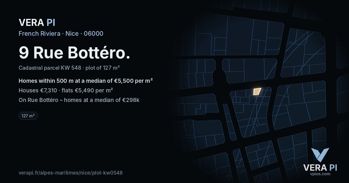 9 Rue Bottéro, Nice at night – the plot lit, the parcels around coloured by the prices near them