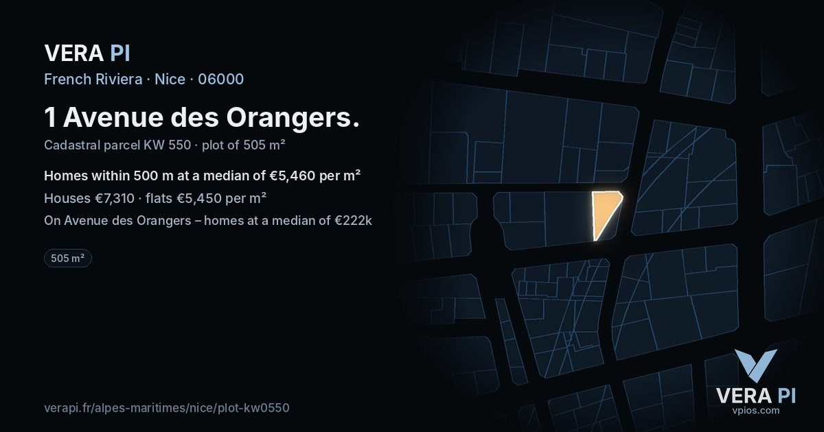 1 Avenue des Orangers, Nice at night – the plot lit, the parcels around coloured by the prices near them