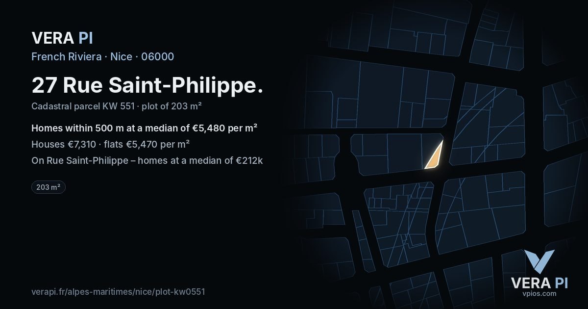 27 Rue Saint-Philippe, Nice at night – the plot lit, the parcels around coloured by the prices near them