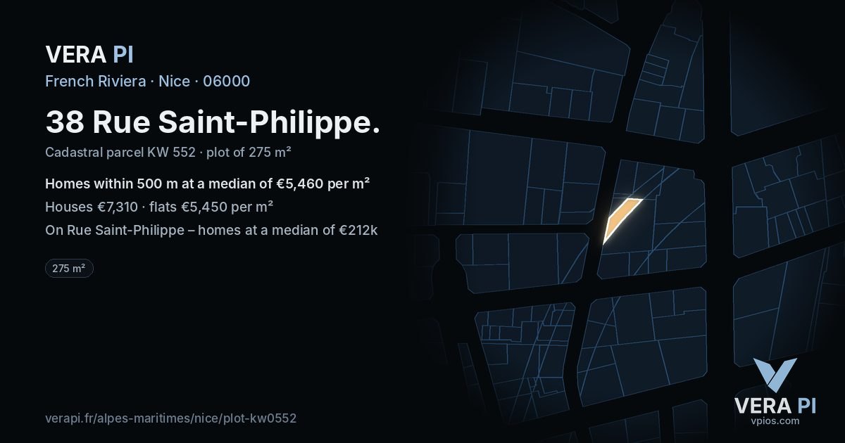 38 Rue Saint-Philippe, Nice at night – the plot lit, the parcels around coloured by the prices near them