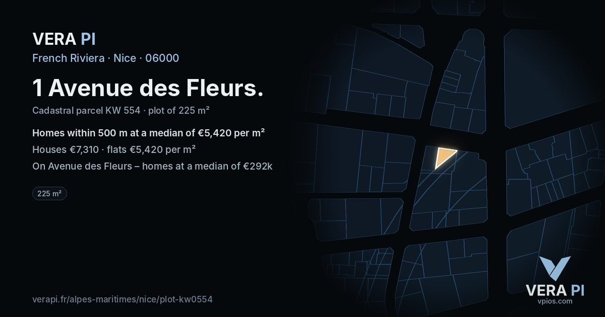 1 Avenue des Fleurs, Nice at night – the plot lit, the parcels around coloured by the prices near them