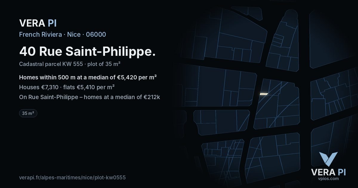40 Rue Saint-Philippe, Nice at night – the plot lit, the parcels around coloured by the prices near them