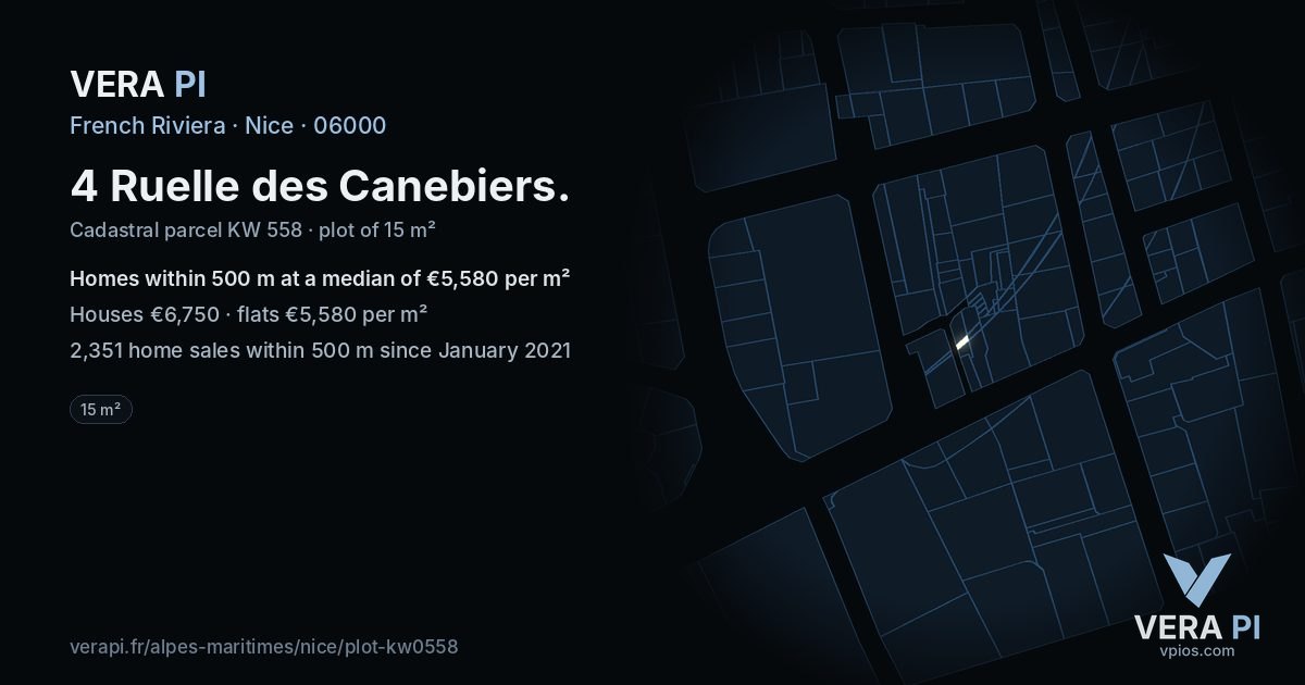 4 Ruelle des Canebiers, Nice at night – the plot lit, the parcels around coloured by the prices near them