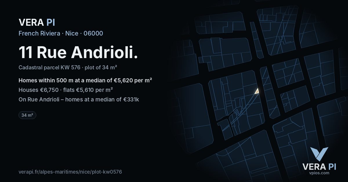 11 Rue Andrioli, Nice at night – the plot lit, the parcels around coloured by the prices near them