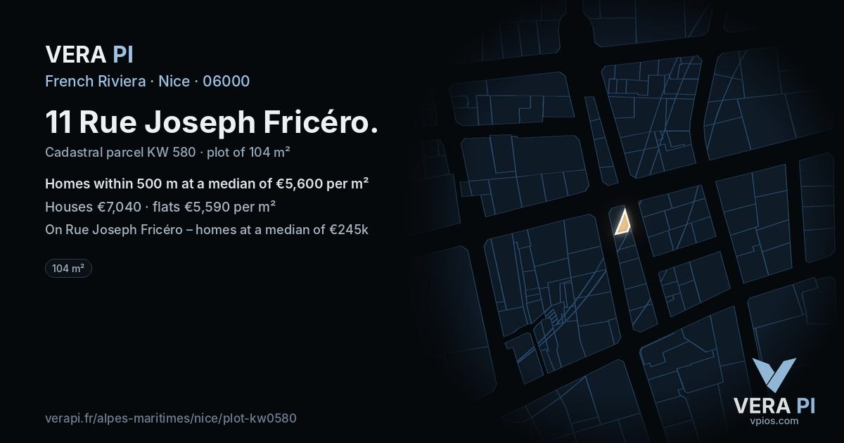 11 Rue Joseph Fricéro, Nice at night – the plot lit, the parcels around coloured by the prices near them