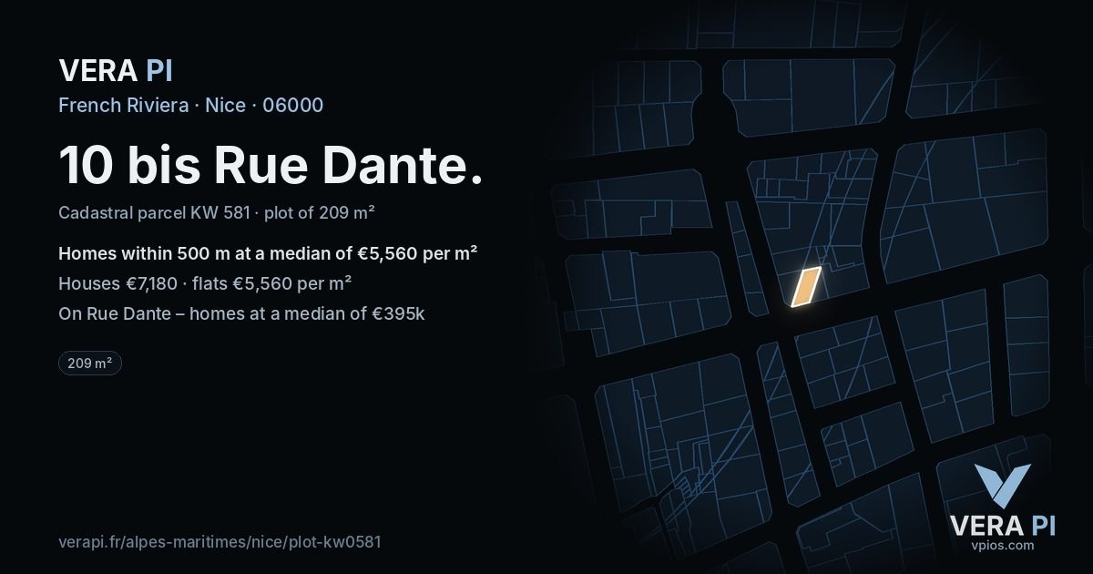 10 bis Rue Dante, Nice at night – the plot lit, the parcels around coloured by the prices near them