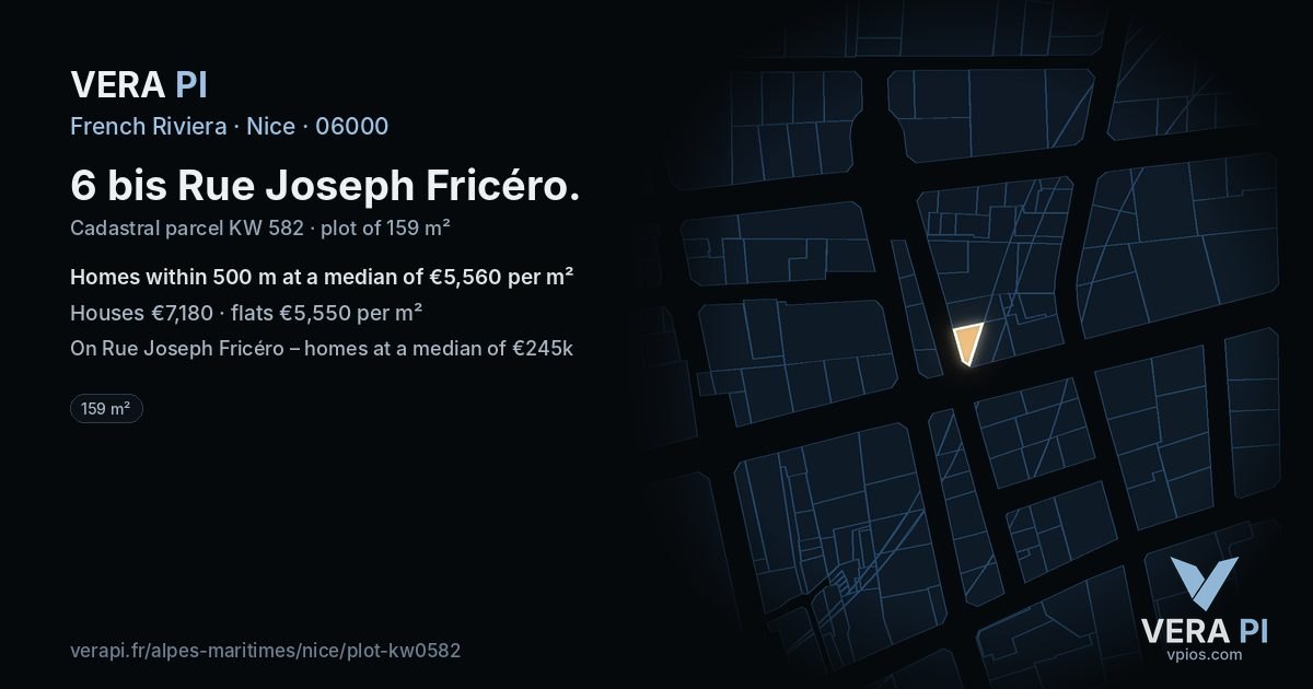 6 bis Rue Joseph Fricéro, Nice at night – the plot lit, the parcels around coloured by the prices near them