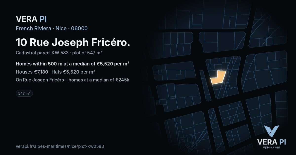 10 Rue Joseph Fricéro, Nice at night – the plot lit, the parcels around coloured by the prices near them