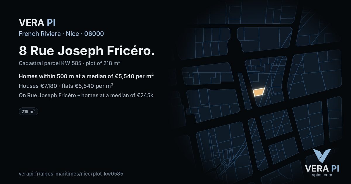 8 Rue Joseph Fricéro, Nice at night – the plot lit, the parcels around coloured by the prices near them