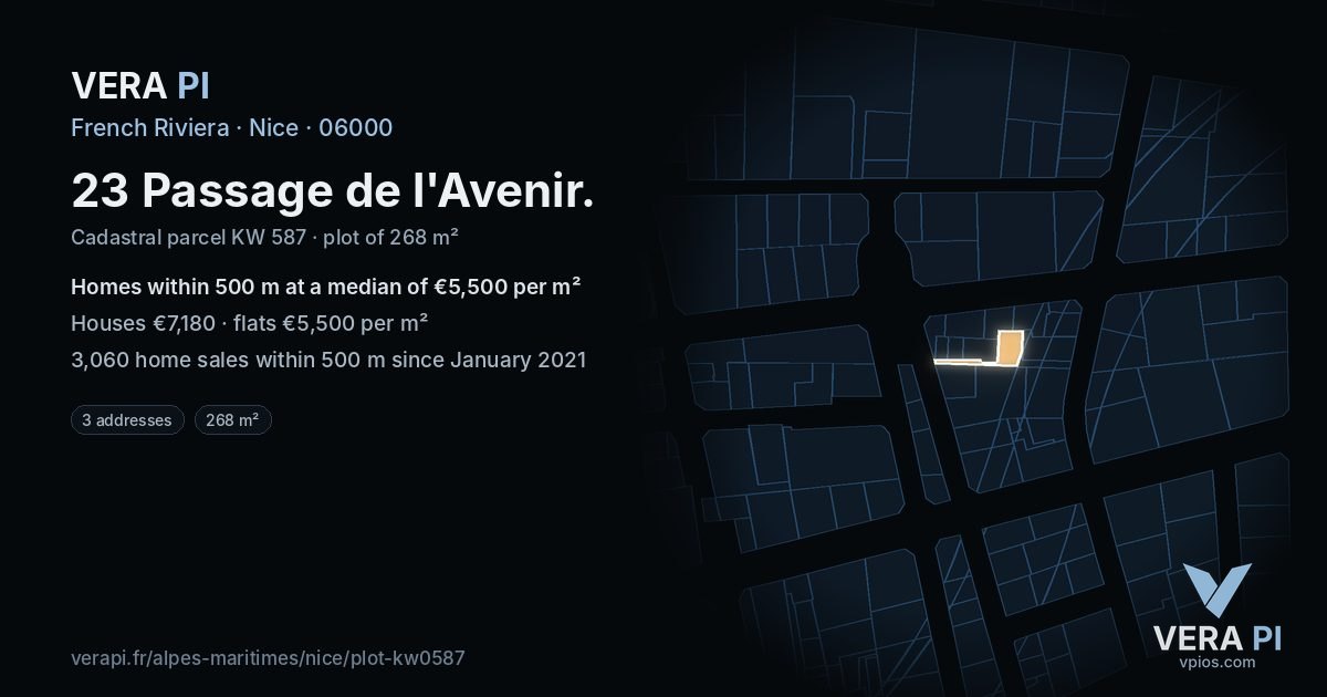 23 Passage de l'Avenir, Nice at night – the plot lit, the parcels around coloured by the prices near them