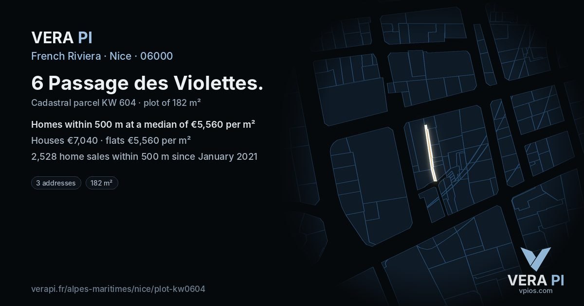 6 Passage des Violettes, Nice at night – the plot lit, the parcels around coloured by the prices near them