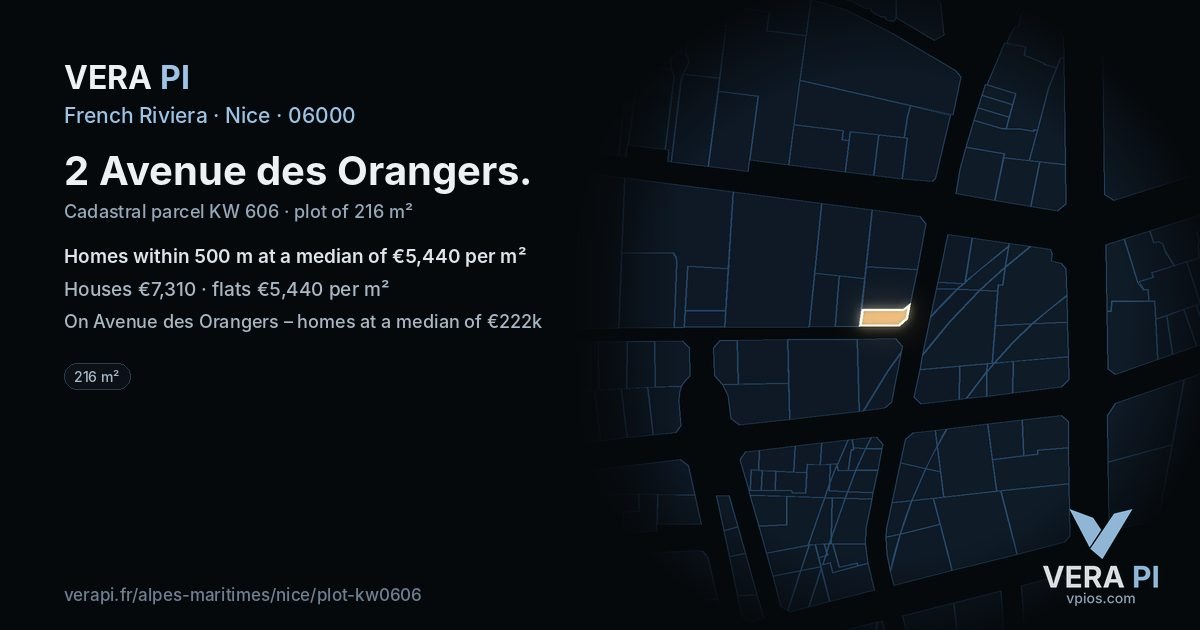 2 Avenue des Orangers, Nice at night – the plot lit, the parcels around coloured by the prices near them