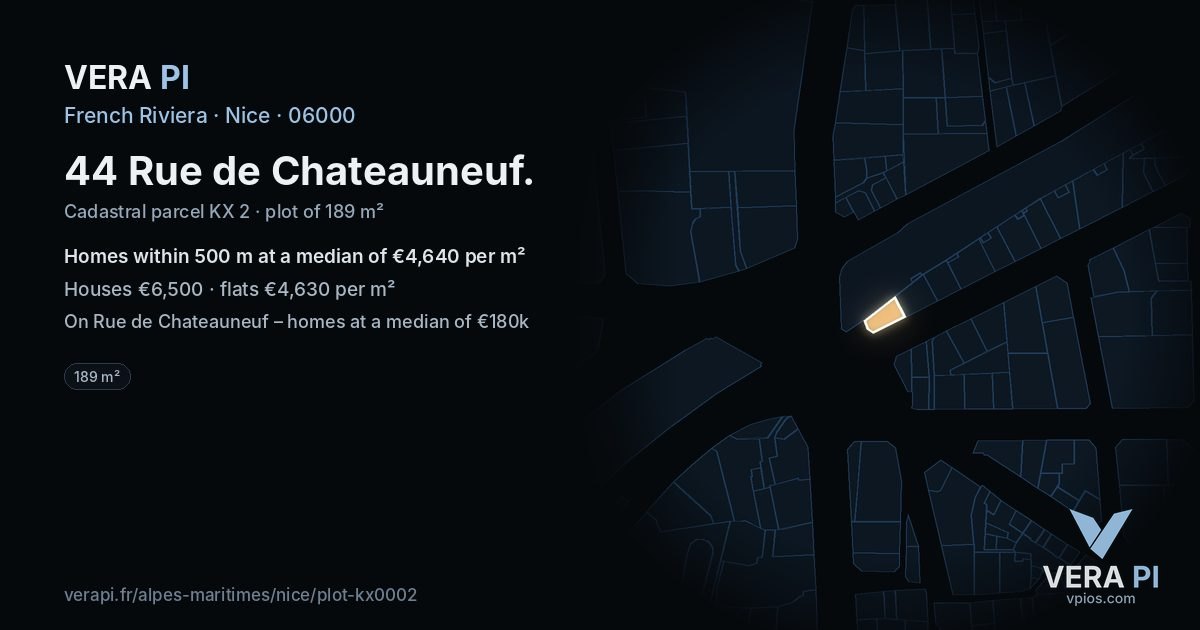 44 Rue de Chateauneuf, Nice at night – the plot lit, the parcels around coloured by the prices near them