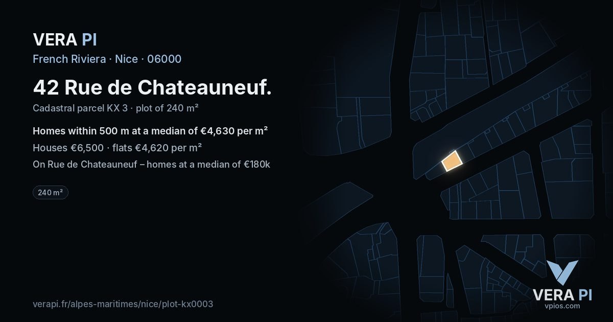 42 Rue de Chateauneuf, Nice at night – the plot lit, the parcels around coloured by the prices near them