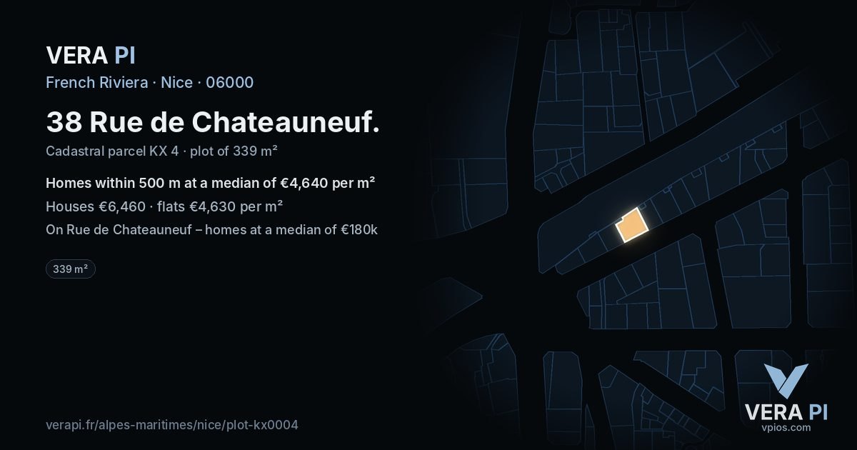 38 Rue de Chateauneuf, Nice at night – the plot lit, the parcels around coloured by the prices near them