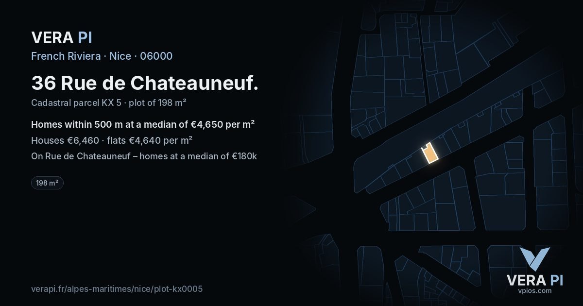 36 Rue de Chateauneuf, Nice at night – the plot lit, the parcels around coloured by the prices near them