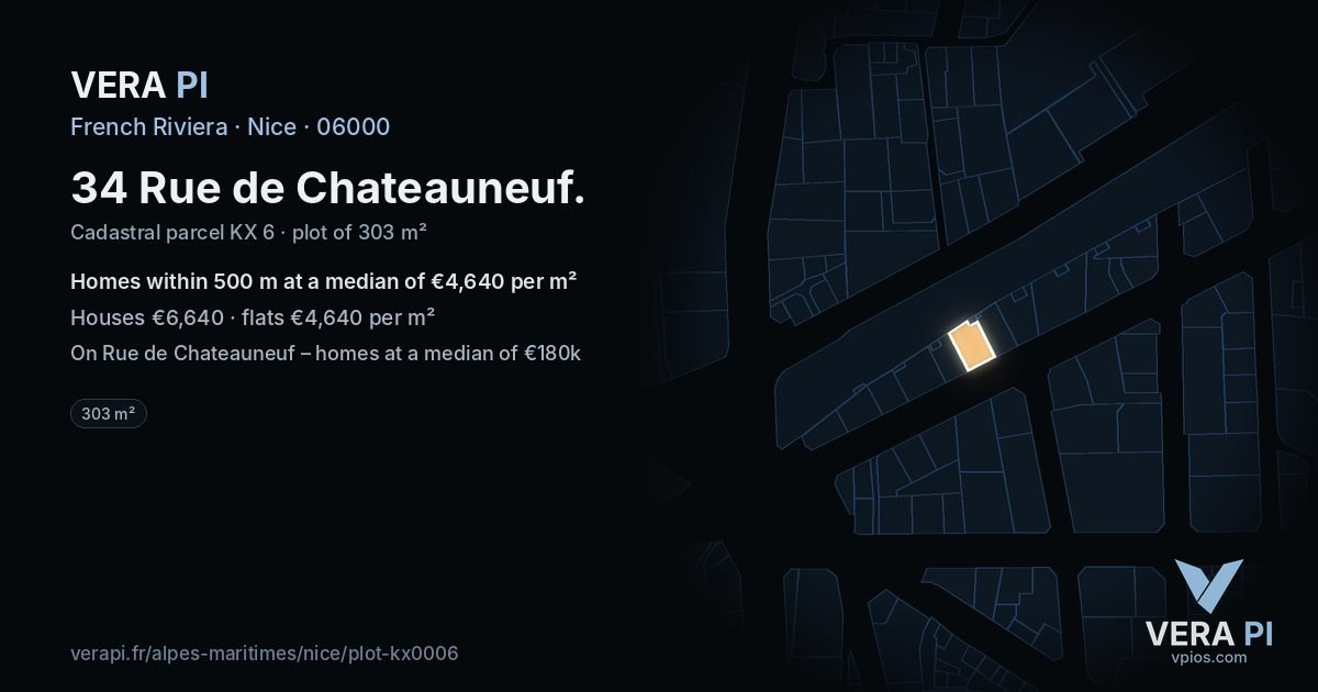 34 Rue de Chateauneuf, Nice at night – the plot lit, the parcels around coloured by the prices near them