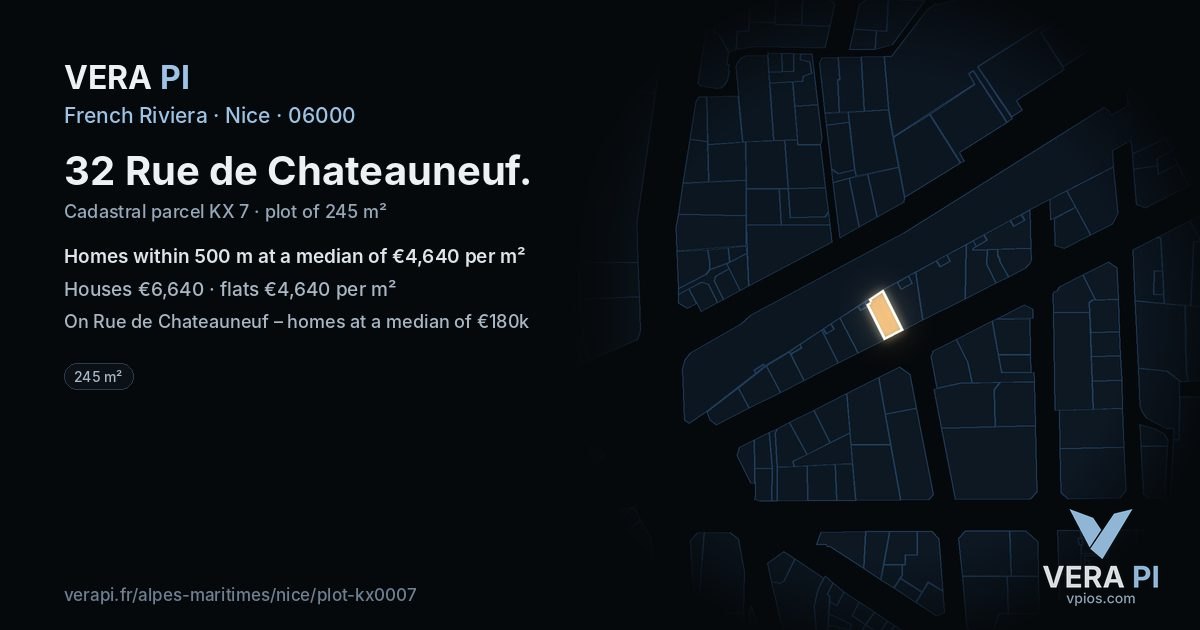 32 Rue de Chateauneuf, Nice at night – the plot lit, the parcels around coloured by the prices near them