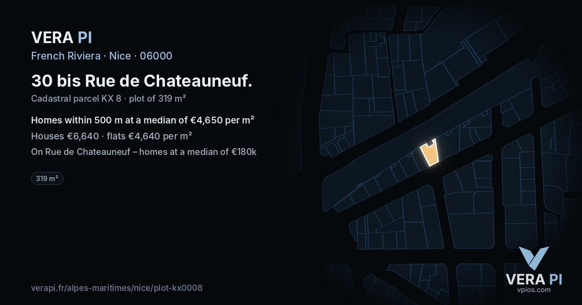 30 bis Rue de Chateauneuf, Nice at night – the plot lit, the parcels around coloured by the prices near them