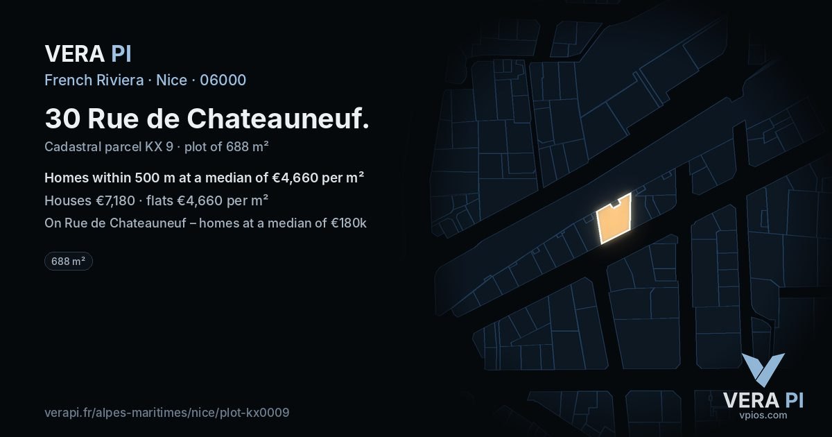 30 Rue de Chateauneuf, Nice at night – the plot lit, the parcels around coloured by the prices near them