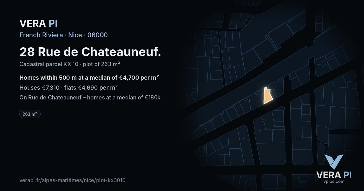 28 Rue de Chateauneuf, Nice at night – the plot lit, the parcels around coloured by the prices near them