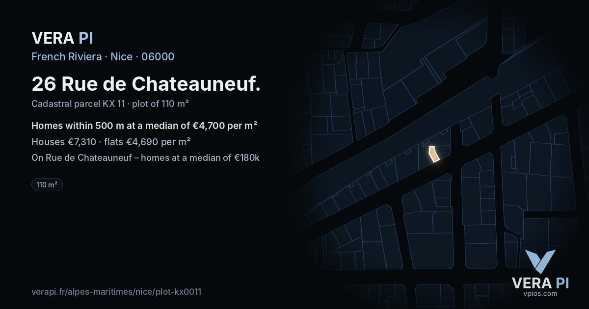 26 Rue de Chateauneuf, Nice at night – the plot lit, the parcels around coloured by the prices near them