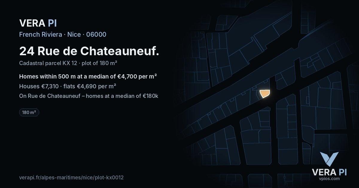 24 Rue de Chateauneuf, Nice at night – the plot lit, the parcels around coloured by the prices near them