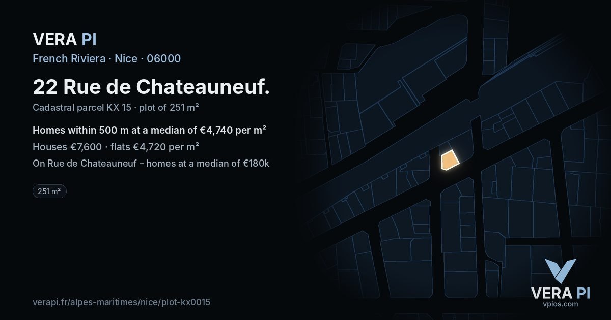 22 Rue de Chateauneuf, Nice at night – the plot lit, the parcels around coloured by the prices near them