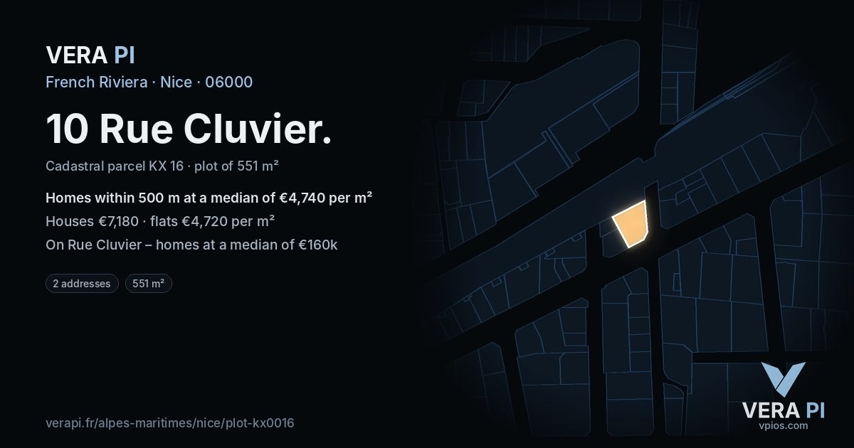 10 Rue Cluvier, Nice at night – the plot lit, the parcels around coloured by the prices near them