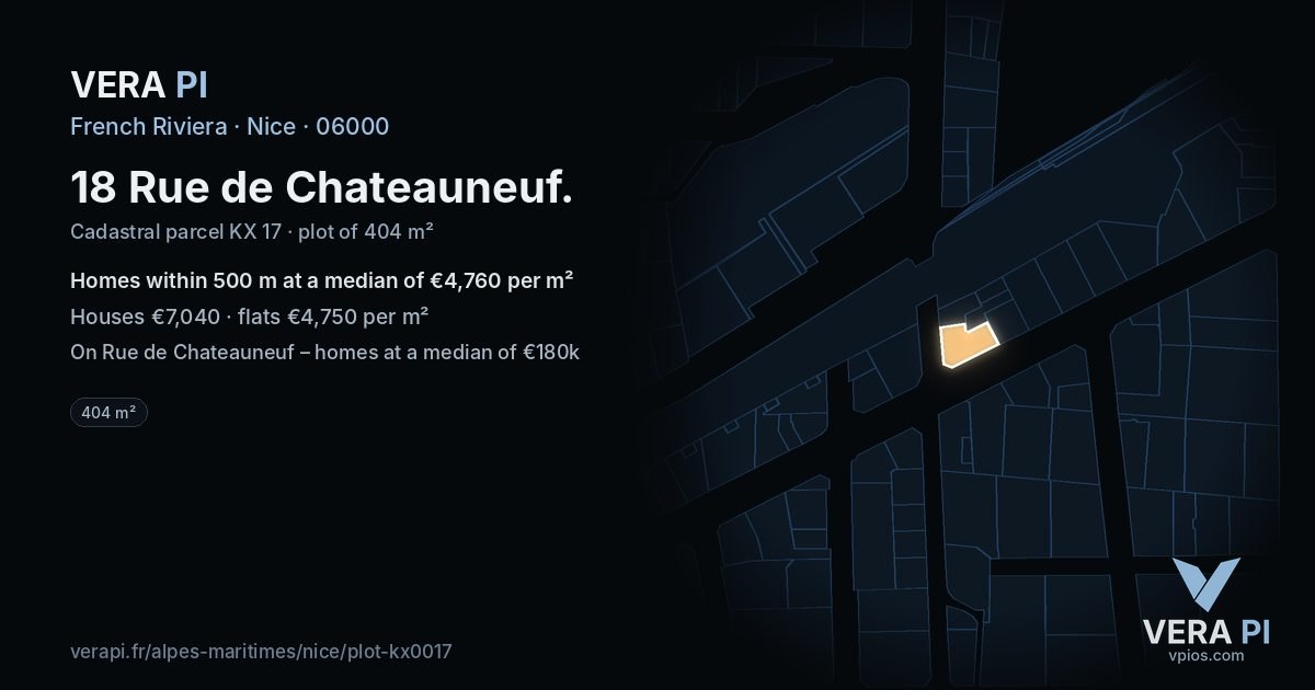 18 Rue de Chateauneuf, Nice at night – the plot lit, the parcels around coloured by the prices near them
