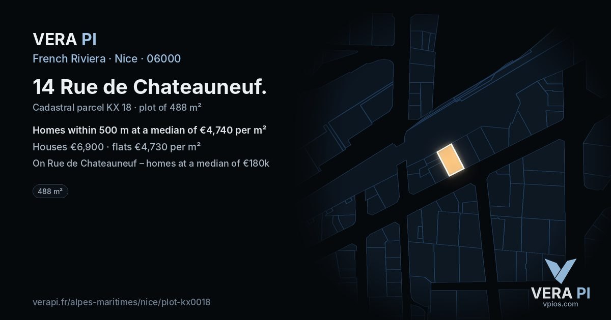14 Rue de Chateauneuf, Nice at night – the plot lit, the parcels around coloured by the prices near them
