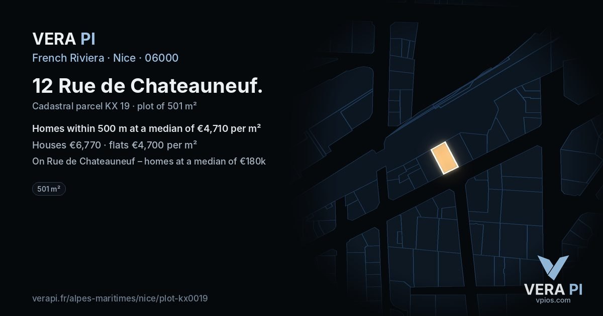 12 Rue de Chateauneuf, Nice at night – the plot lit, the parcels around coloured by the prices near them