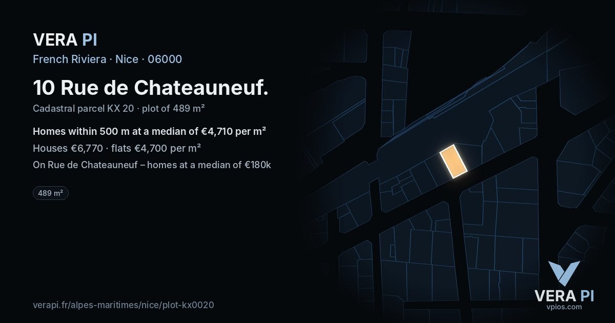 10 Rue de Chateauneuf, Nice at night – the plot lit, the parcels around coloured by the prices near them