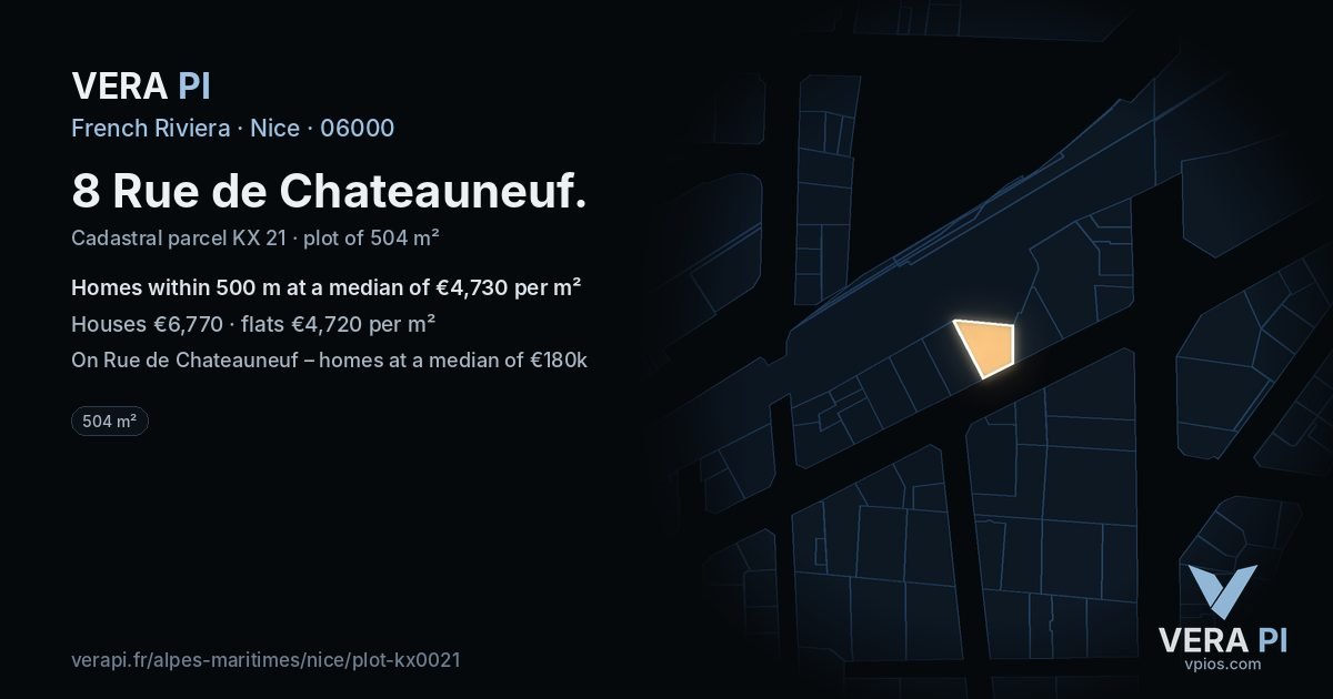8 Rue de Chateauneuf, Nice at night – the plot lit, the parcels around coloured by the prices near them