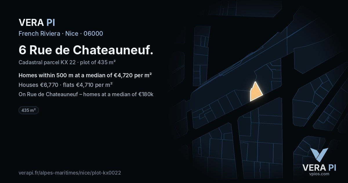 6 Rue de Chateauneuf, Nice at night – the plot lit, the parcels around coloured by the prices near them