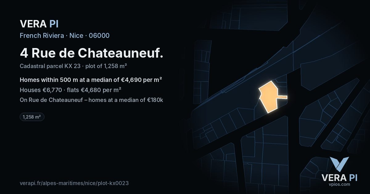 4 Rue de Chateauneuf, Nice at night – the plot lit, the parcels around coloured by the prices near them