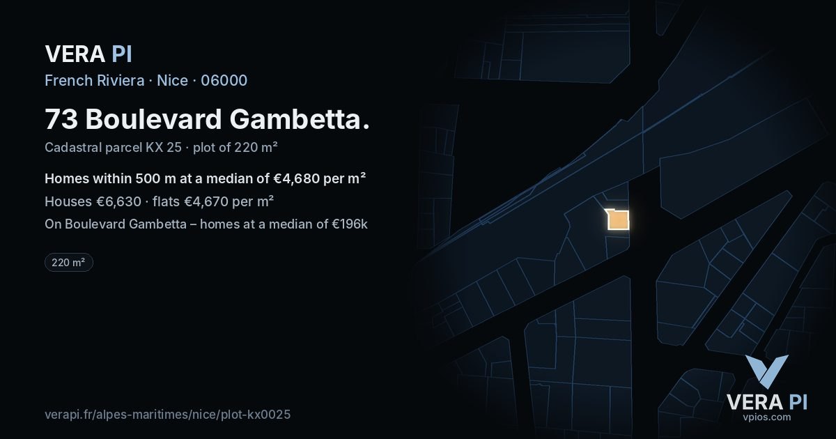 73 Boulevard Gambetta, Nice at night – the plot lit, the parcels around coloured by the prices near them