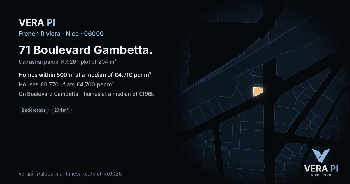 71 Boulevard Gambetta, Nice at night – the plot lit, the parcels around coloured by the prices near them