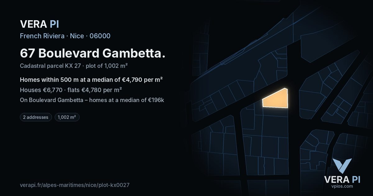67 Boulevard Gambetta, Nice at night – the plot lit, the parcels around coloured by the prices near them