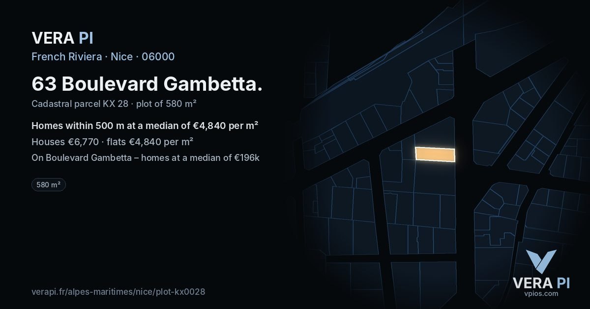 63 Boulevard Gambetta, Nice at night – the plot lit, the parcels around coloured by the prices near them