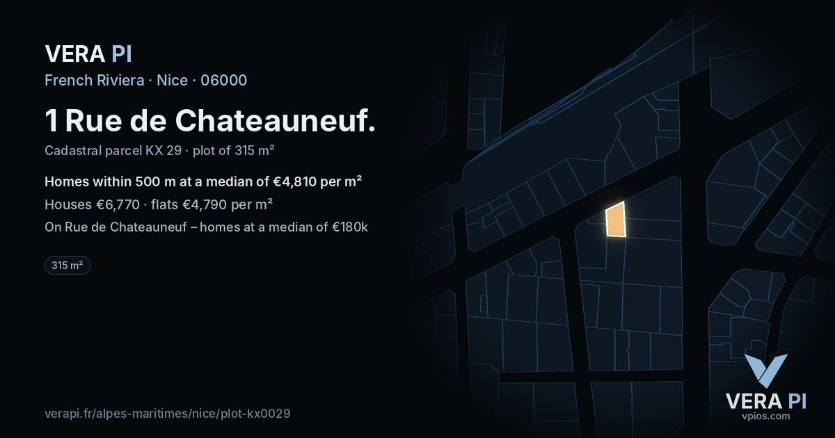 1 Rue de Chateauneuf, Nice at night – the plot lit, the parcels around coloured by the prices near them