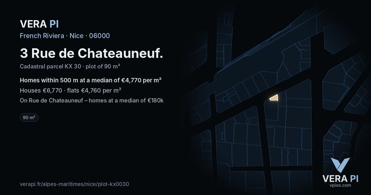 3 Rue de Chateauneuf, Nice at night – the plot lit, the parcels around coloured by the prices near them