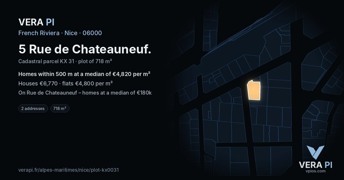 5 Rue de Chateauneuf, Nice at night – the plot lit, the parcels around coloured by the prices near them